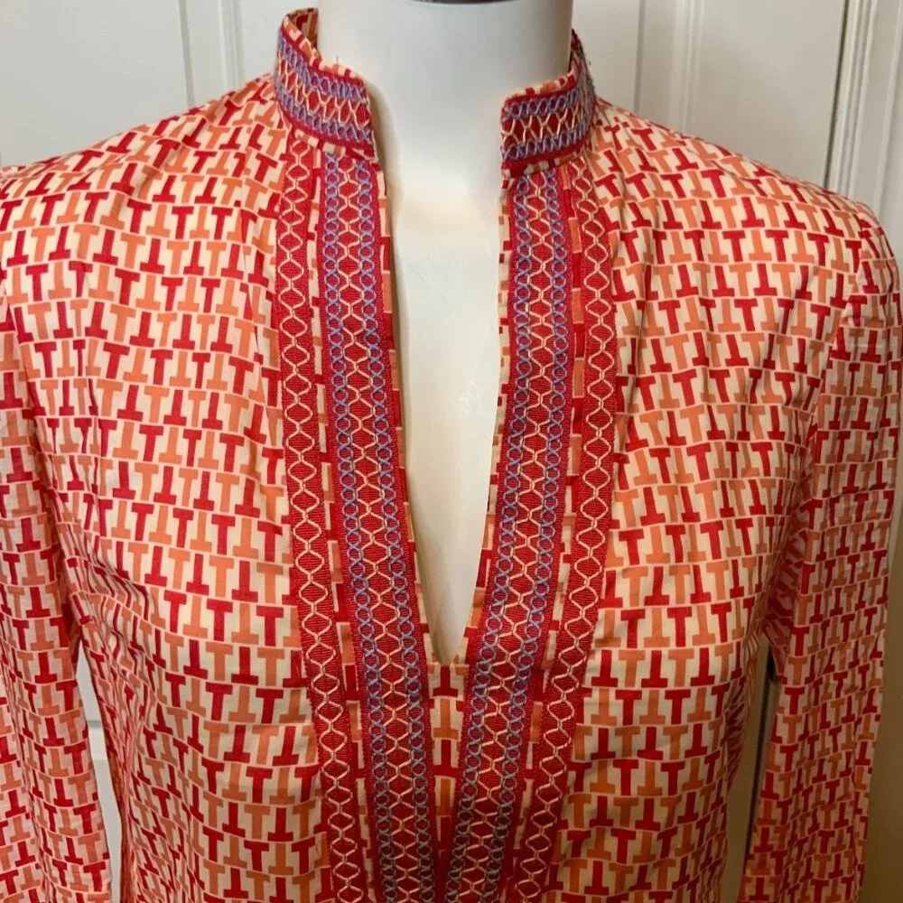 Tory Burch Pink Red T Embroidered Tunic Top, Size 2